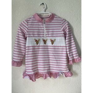 Girls cotton pink striped‎ smocked pullover size 6 Reindeer Christmas T60